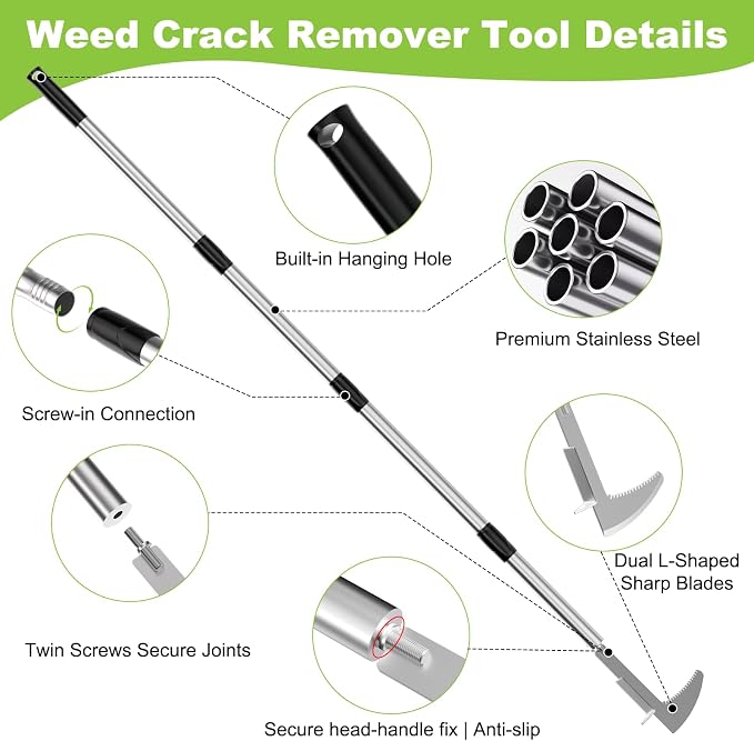 Crack Weeder Crevice Weeding Tool with 22'' to 64'' Adjustable Long Handle | Stainless Steel, L-Shaped Manual Weed Puller Spatula, Weed Remover Gardening Tool for Sidewalks Driveways Patio Pavers Rocks