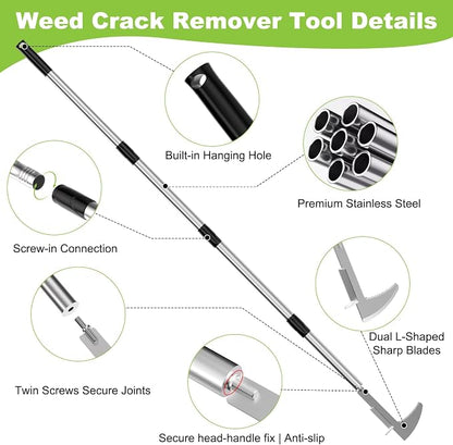 Crack Weeder Crevice Weeding Tool with 22'' to 64'' Adjustable Long Handle | Stainless Steel, L-Shaped Manual Weed Puller Spatula, Weed Remover Gardening Tool for Sidewalks Driveways Patio Pavers Rocks