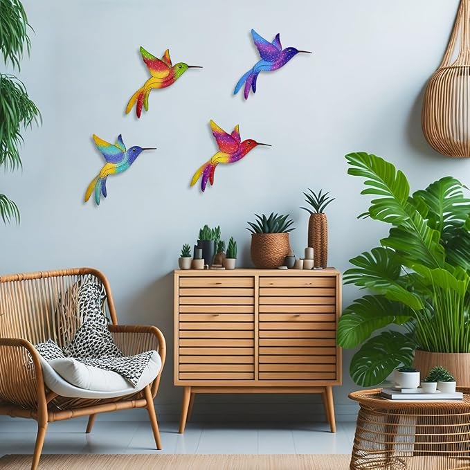 Metal Hummingbird Wall Decor - 4 Pcs Outdoor Fence Birds Art Decoration Hanging Decorations for Garden Yard Patio Balcony