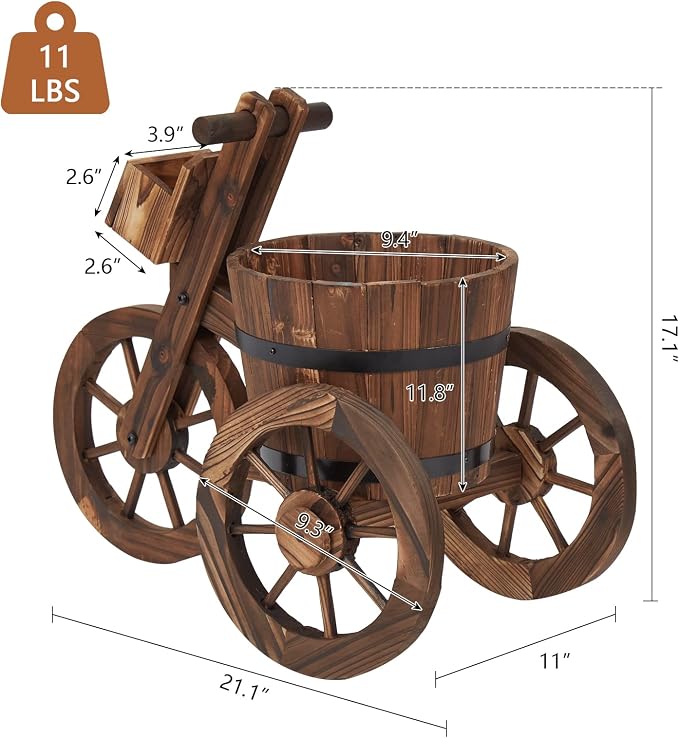 kinbor Outdoor Planters - Rustic Barrel Planter, Wooden Wagon Tricycle Planters for Outdoor Plants