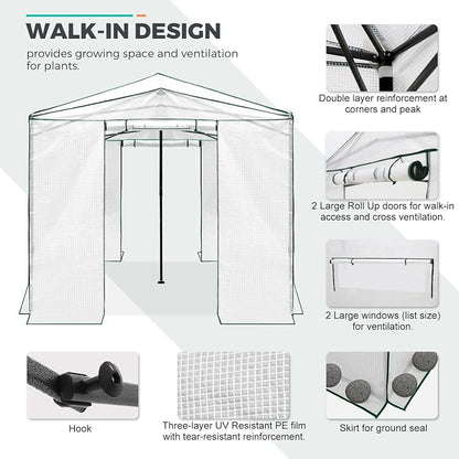 EAGLE PEAK 12x8 Portable Walk in Greenhouse, Pop Up Indoor Outdoor Greenhouse, Green House Kit with Zippered Roll-Up Doors, Windows + Support Pole, PE Cover, Clear/White