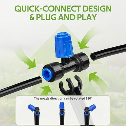 HIRALIY 50FT Quick-Connect Drip Irrigation Kit, Garden Watering System with 40FT 1/4" Tubing, 10FT Main Hose & 12 Adjustable Drippers for Patio Pots, Raised Beds & Small Vegetable Gardens