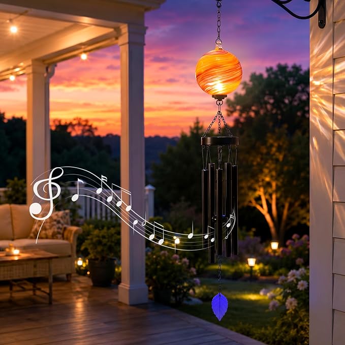 MUMTOP Solar Wind Chime for Outsides, 35" Glass Windchimes with Solar LED Lights Decorative Hanging Wind Bell for Porch Patio and Garden Decor, Orange