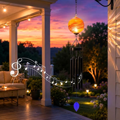 MUMTOP Solar Wind Chime for Outsides, 35" Glass Windchimes with Solar LED Lights Decorative Hanging Wind Bell for Porch Patio and Garden Decor, Orange