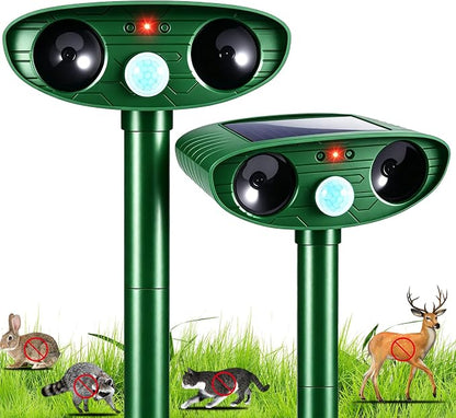 2 Pack Ultrasonic Deer Repellent Device with Motion Sensor for Plant Garden Solar Animal Repellent Outdoor to Keep Cat Rabbit Raccoon Out of Yard Farm Squirrel Fortress Pro Deer Deterrent