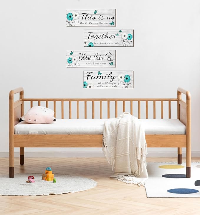 4 Pcs White Farmhouse Wall Decor with Teal Butterflies & Daisies, Rustic Wooden Signs Set, Floral Wall Art for Living Room Bedroom, Housewarming Gift, 4.7" x 13.8"