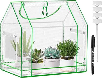 Mini Greenhouse Indoor with Waterproof PE Bottom Mat, 27.5x19.6x27.1in Tabletop Greenhouse for Seed Starting, Portable Small Greenhouse for Outdoors, Multi-Window Design & 4 304 Stainless Steel Labels
