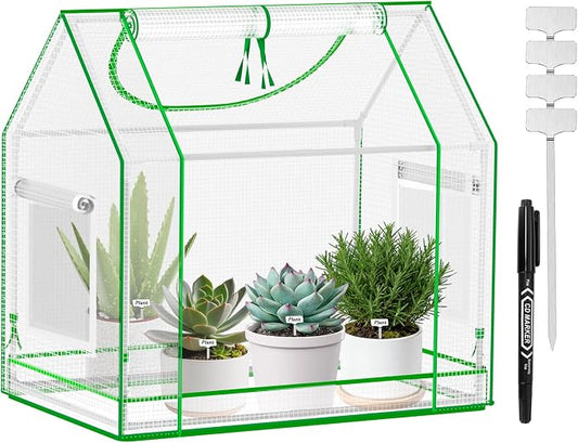 Mini Greenhouse Indoor with Waterproof PE Bottom Mat, 27.5x19.6x27.1in Tabletop Greenhouse for Seed Starting, Portable Small Greenhouse for Outdoors, Multi-Window Design & 4 304 Stainless Steel Labels