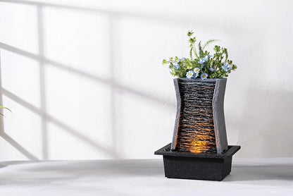 GOSSI Tabletop Water Fountain with LED Lights, Indoor Waterfall Fountain for Home Office Bedroom Decor, Includes Plastic Pots for Plant Growing, Relaxation Desk Accessory (24285)