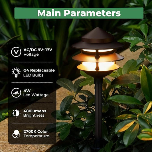 Gardencoin Pagoda Low Voltage Landscape Pathway Lights, 12V Outdoor LED Path Lights Wired, Aluminum Walkway Lighting with 4W 2700K Replaceable G4 Bulb, Bronze Classic 3-Tier Lantern, 6 Pack