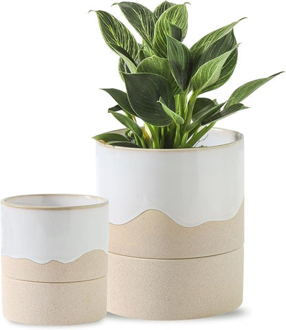 Nihow Self Watering Ceramic Planter, 4.5+6 Inch, White & Nature | Drainage Hole & Water Storage Plus, Cylinder Flower Pot, With Wick, For Indoor Plants & Herbs
