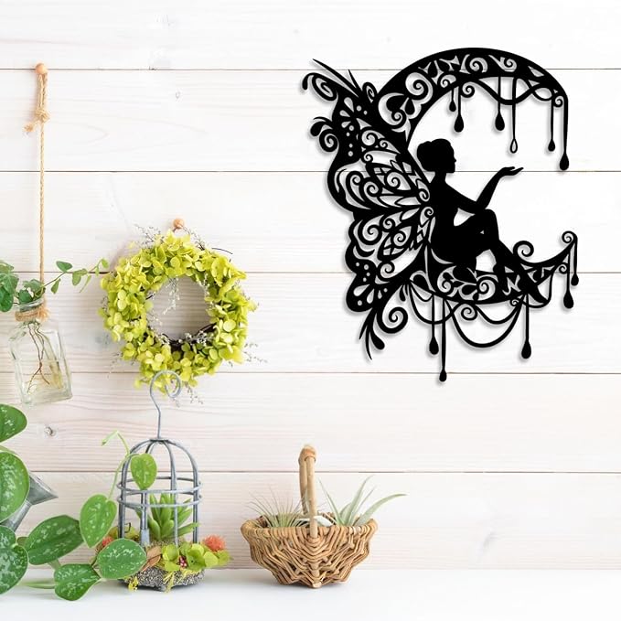 LIYOUYA Moon Flower Fairy Metal Wall Decor - Rustic Farmhouse Room Decor Black Wall Art Home Decor for Living Room, Bedroom, Outdoor (Black)