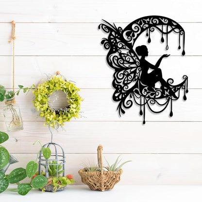 LIYOUYA Moon Flower Fairy Metal Wall Decor - Rustic Farmhouse Room Decor Black Wall Art Home Decor for Living Room, Bedroom, Outdoor (Black)