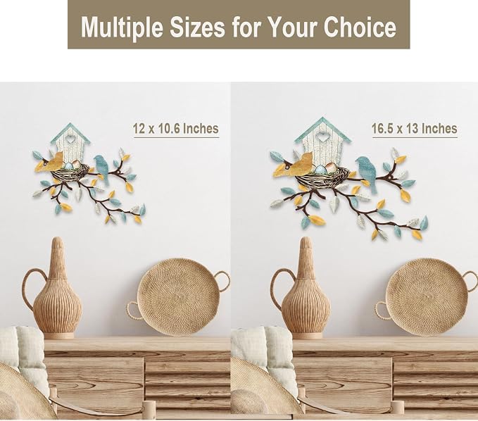 COLOR VALLEY ART-Metal Bird Wall Art Birds on The Branch Wall Decor Leaves with Birds Sculpture Bird Silhouette Metal Ornament Branch Wall Hanging Sign for Balcony Garden Decor (Teal White-16.5''x13'')