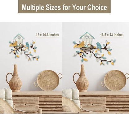 COLOR VALLEY ART-Metal Bird Wall Art Birds on The Branch Wall Decor Leaves with Birds Sculpture Bird Silhouette Metal Ornament Branch Wall Hanging Sign for Balcony Garden Decor (Teal White-16.5''x13'')