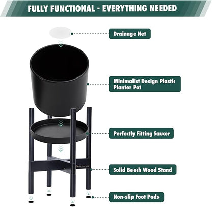 D'vine Dev Plastic Pot with Ebony Wood Stand, Black, 8 in, 55-C-K-2 | Mid-Century Inspired Design, Elevated Plant Display, Clean Lines, Sturdy Support, Modern Space-Saving Style