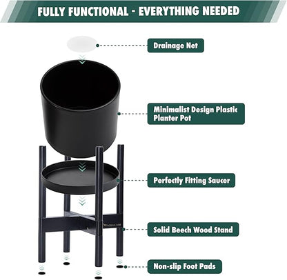 D'vine Dev Plastic Pot with Ebony Wood Stand, Black, 10 in, 55-C-N-2 | Mid-Century Inspired Design, Elevated Plant Display, Clean Lines, Sturdy Support, Modern Space-Saving Style
