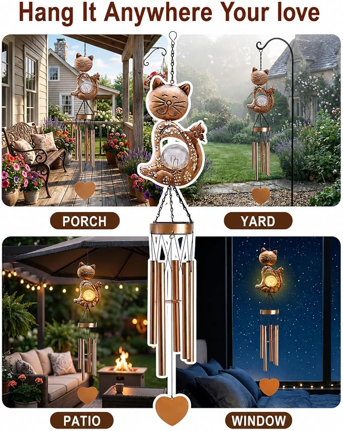 Nacome Cat Wind Chimes Outdoor Indoor: Weatherproof Metal Outdoor Decor Easy Hanging for Garden Patio Tree Window - Melodious Mother's Day Birthday Gifts for Mom Women Mom Grandma Her Wife