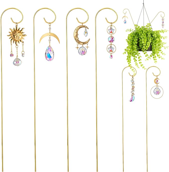 6PCS Small Trellis with Crystal Sun Catchers for Mini Potted Plants Gifts | Sun & Moon Styles,13.5'' Fairy Garden Plant Stakes Suncatchers,Indoor Plant Accessories Decor,Gift for Gardening Enthusiasts