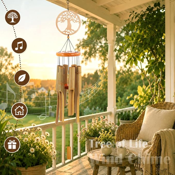 Bamboo Wind Chimes Outdoor,Tree of Life Wooden Wind Chimes for Outside with Melody Deep Tone,36" Classic Zen Garden Windchime for Relaxation, Grace.Home Décor for Patio, Garden or Indoor