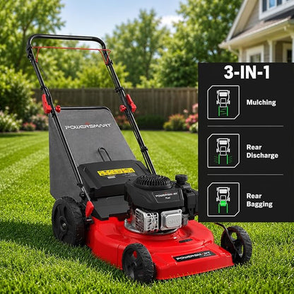 PowerSmart 21-Inch Gas Self-Propelled Lawn Mower, 170cc OHV Engine, Reinforced Steel Deck, 3-in-1 Bagging/Mulching/Rear Discharge, 6 Cutting Heights (1.5"–3.9"), 10" Rear Wheels, Foldable Handle