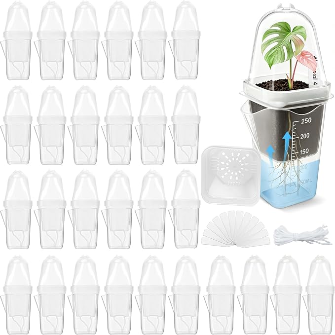 30 Pack 2.5" Self Watering Propagation Pots with Humidity Dome, Clear Plastic Seed Starter Cups, for Seedlings, Cuttings, Succulents, Herbs, Vegetables, with 30 Labels