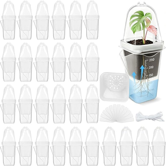 30 Pack 2.5" Self Watering Propagation Pots with Humidity Dome, Clear Plastic Seed Starter Cups, for Seedlings, Cuttings, Succulents, Herbs, Vegetables, with 30 Labels