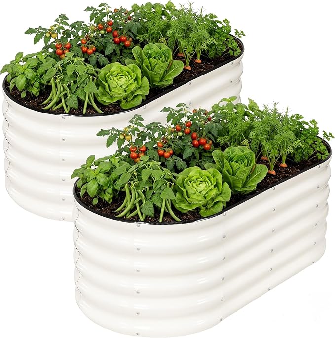 INNO STAGE Galvanized Raised Garden Bed Kits, 4x2x1.4FT Metal Raised Beds Outdoor for Gardening, 17'' Tall Large Steel Raised Planter Bed for Vegetables, Flowers Patio Ground Planter Box (White, 2Pcs)
