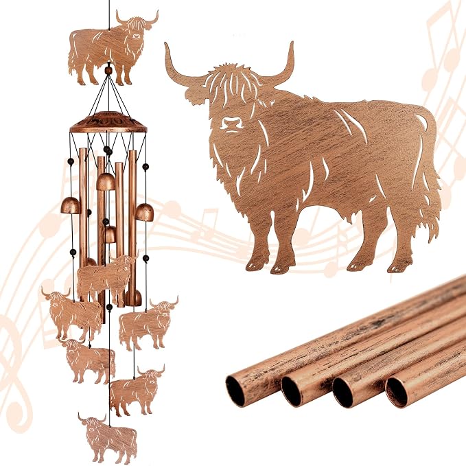 GDNSFIT Highland Cow Wind Chimes for Outside, Metal Windchimes Outdoors, Highland Cow Gifts for Women/Men, Memorial/Birthday Gifts, Garden Decor for Outside, Patio or Yard, Durable Chimes for Outdoors