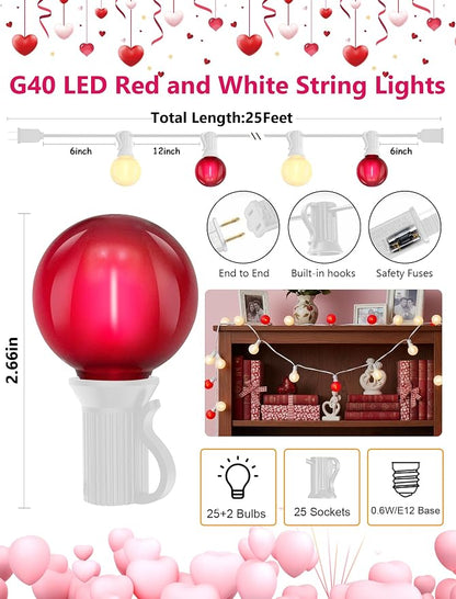 LED Valentine’s Day String Lights, 25Ft Valentines Decorations Outdoor | 25+2 G40 Round Bulbs, Connectable, Shatterproof Hanging Indoor Fairy Lights for Wedding Date Patio, Frosted Red White