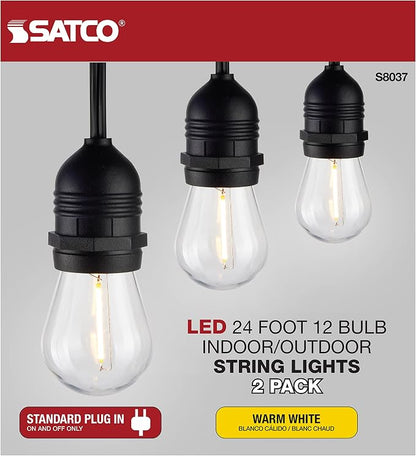 Satco S8037 LED Indoor/Outdoor String Lights, Black, S14 Bulbs, 24 Feet (Pack of 2)