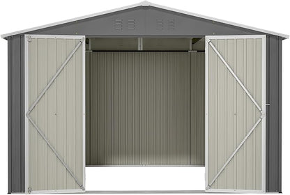 YOPTO 10×10 FT Outdoor Storage Shed,Metal Aluminum Waterproof Tool Sheds with Doors and Vents,Heavy-Duty Sheds Unit W/Lock and Key,for Storing Bicycles,Lawnmowers,Barbeques,Gray