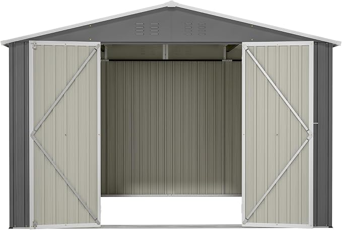 YOPTO 10x10 FT Outdoor Storage Shed,Large Metal Tool Sheds with Updated Frame Structure and Lockable Doors, Garden Shed for Backyard Patio Lawn,Grey