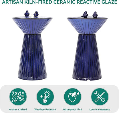AUTODAYA 28" Ceramic Outdoor Water Fountain LED Birdbath, Cobalt Blue | reactive glaze finish, bird accents, patio garden porch Backyard