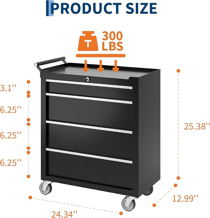 PeakPursuit 4-Drawers Rolling Tool Chest, Portable Tool Box with Wheels and Lock System, Secure Storage Cabinet for Warehouse, Workshop, and Repair Shop, Black
