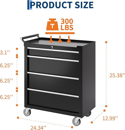 PeakPursuit 4-Drawers Rolling Tool Chest, Portable Tool Box with Wheels and Lock System, Secure Storage Cabinet for Warehouse, Workshop, and Repair Shop, Black