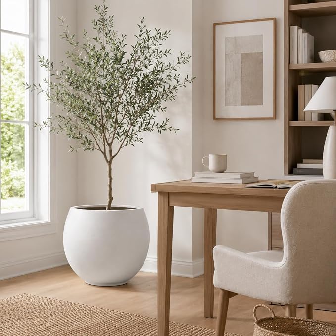 17" H x 21" Dia White Fiberstone Planter Pot with Drainage Hole, Extra Large Decorative Flower Pot for Indoor Outdoor Trees, Plants & Shrubs, Round Planter for Patio, Porch, Garden & Home Décor