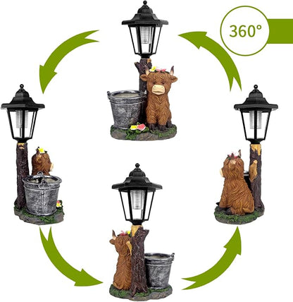 Solar Highland Cow Outdoor Garden Statues with Flowerpot & Lantern Decor | Highland Cow Figurine for Yard Art Lawn Ornaments Porch Patio Balcony - Birthday Gifts for Women Mom