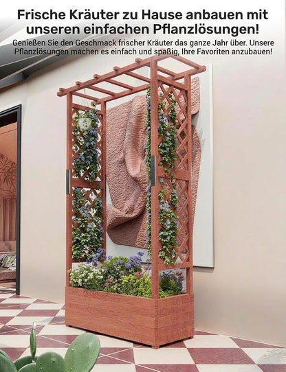 Garvee Raised Garden Bed with Trellis & Hanging Roof, Wood Planter Box with Bottom and Drainage Holes, Freestanding Garden Planter for Flower Vegetable Fruit Herb Climbing Vines, 43“x17“x72“