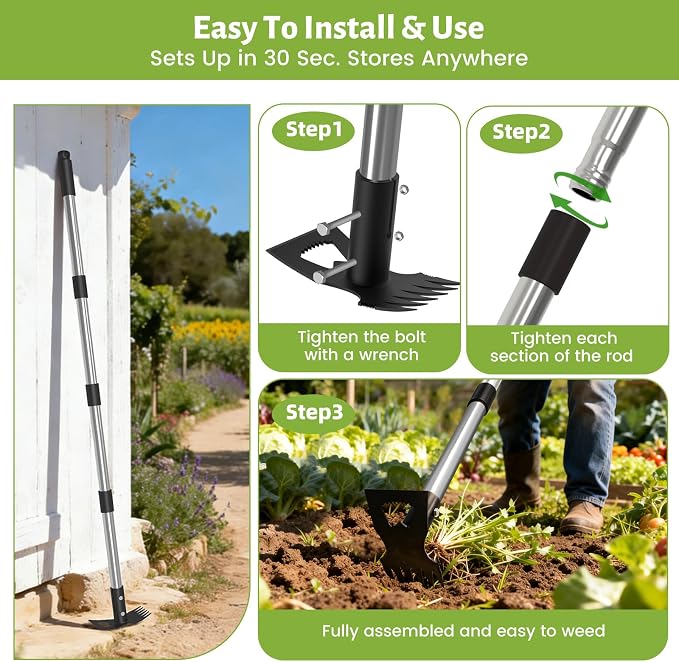Weed Puller Tool with Long Handle, Stand Up Weeder with 63" Telescoping Handle, 2-in-1 Manual Weeder Remover & Garden Hoe, 6 Sharp Tines for Crack Weeding and Root Removal