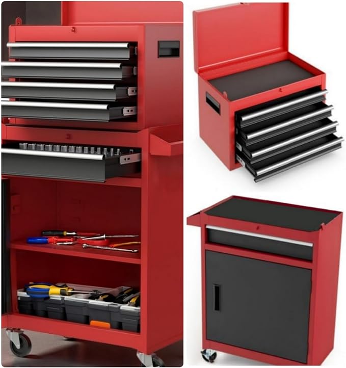 Tool Chest, 5-Drawers Rolling Tool Storage Cabinet with Lockable Wheels, Detachable Top, Adjustable Shelf & Locking Mechanism, Multifunctional Tool Cart for Garage Warehouse, Red