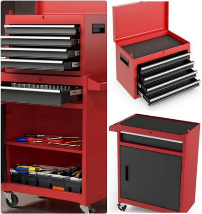 Tool Chest, 5-Drawers Rolling Tool Storage Cabinet with Lockable Wheels, Detachable Top, Adjustable Shelf & Locking Mechanism, Multifunctional Tool Cart for Garage Warehouse, Red