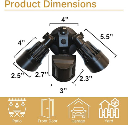 LED Black Motion Sensor 2-Light Bullet Flood Light- 3000K Adjustable Dual Head Outdoor Security Light, Dusk to Dawn, Waterproof, Hardwired Spotlight for Yard, Patio, Garage, Landscape