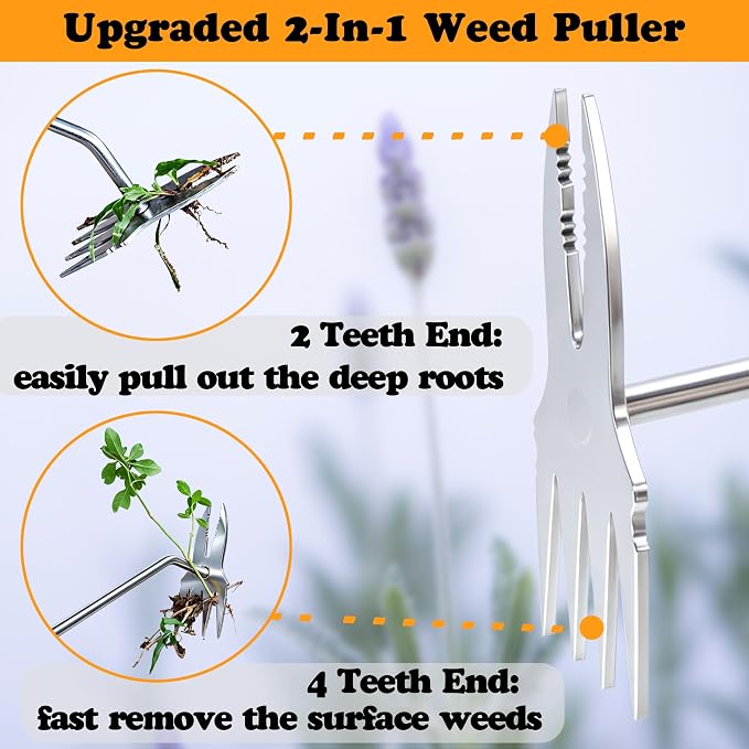 2PCS Weed Puller Tool, Manual Weeder Crack Weeder Garden Weeding Tools | Stainless Steel 4-Teeth Hand Weed Pulling Tools, Rubber Handle Weed Remover Tool for Uprooting Gardening Planting