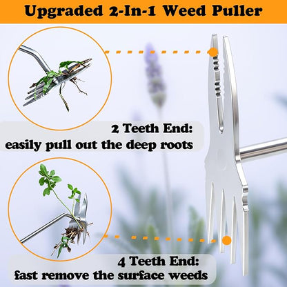 2PCS Weed Puller Tool, Manual Weeder Crack Weeder Garden Weeding Tools | Stainless Steel 4-Teeth Hand Weed Pulling Tools, Rubber Handle Weed Remover Tool for Uprooting Gardening Planting