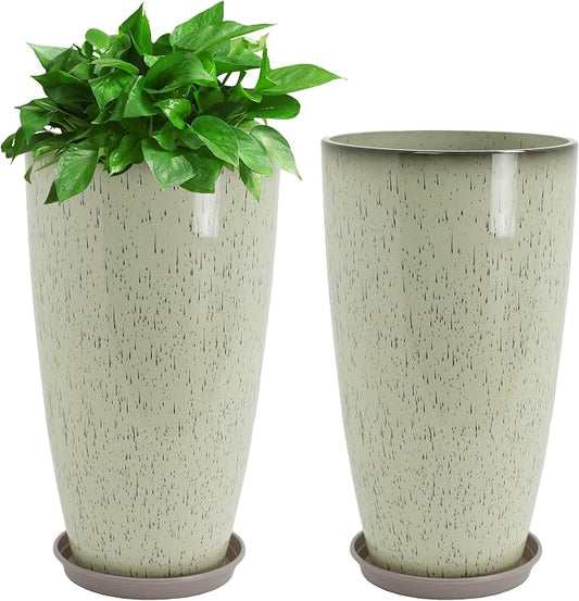 Neoaider Set of 2 Tall Planter, 21 inch Large Plastic Planter, Drip Glaze | Ceramic-Look, Lightweight, Built-in Drain Hole, Saucers, Tall Outdoor Planter for Porch, Garden, Patio, Balcony
