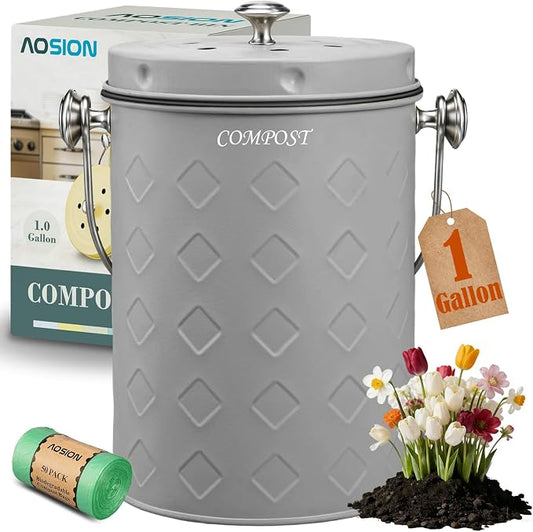 AOSION Countertop Compost Bin Kitchen,Odorless Indoor Compost Bin with Lid | 1 Gallon Composter Container,Removable Inner Bucket,50 Compost Bags,2 Carbon Filters,ideal for food scraps,coffee grounds