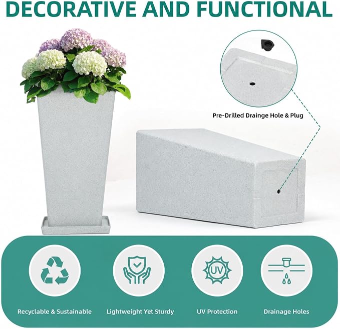 Autodaya 28" Extra-Large White Tall Planters Set of 2 Flower Pots | Tall White Planters for Outdoor Plants, Balcony, Porch, Living Room Corner, Garden, Patio, Deck, or Entryway Decor