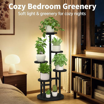 LASZOLA 5 Tiered Wood Plant Stand Indoor Corner with Grow Light, Flower Holder Rack Tall for Multiple Plants, Rustic Planter Shelf Display for Patio Garden Balcony Living Room， Black