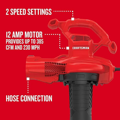 CRAFTSMAN Leaf Blower, Leaf Vacuum and Mulcher, 3-in-1 Backpack Blower, Up to 230 MPH, 12 Amp, Corded Electric (CMEBL700)